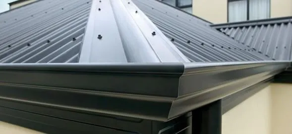 Close-up of corrugated metal roof and gutter