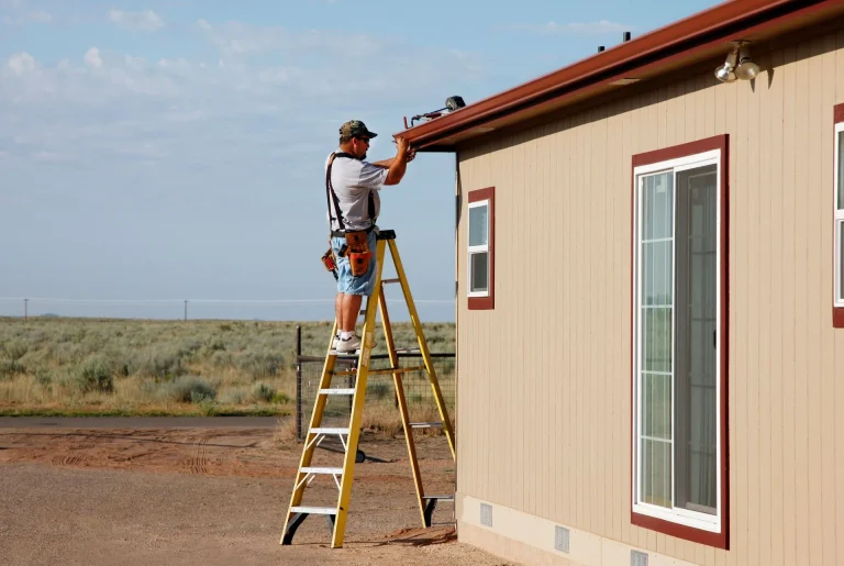 Tradesman installing gutter on house roof from ladder