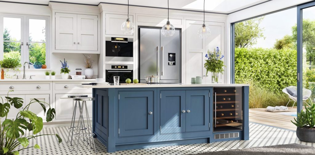 Modern kitchen with blue island and garden view