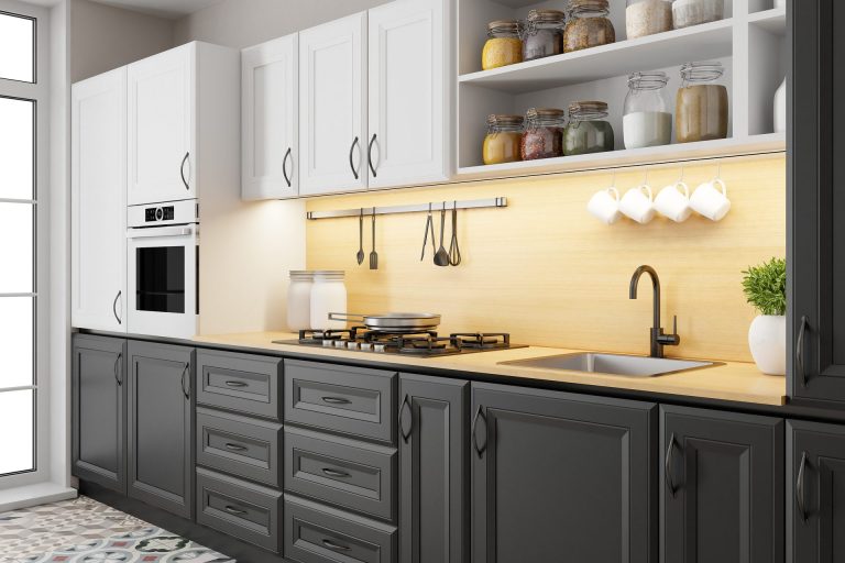 Modern kitchen with grey cabinets and open shelving