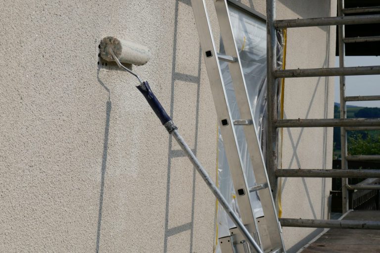 Paint roller on exterior wall beside ladder